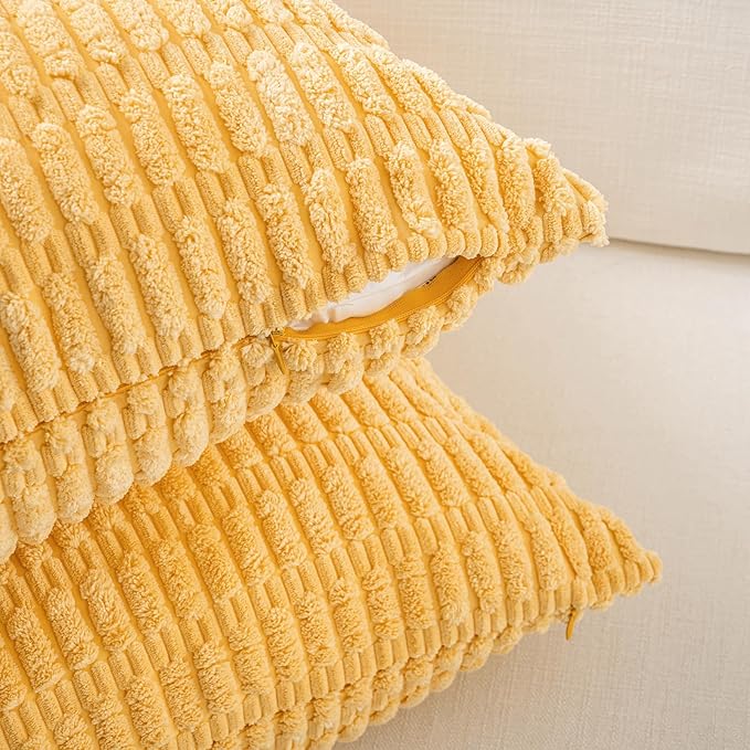 Fancy Homi Set of 4 Spring Boho Decorative Throw Pillow Covers 26x26 Inch for Couch Bed Sofa, Sage Green Yellow Room Decor, Soft Fuzzy Fluffy Cozy Corduroy Textured Cushion Case 66x66cm