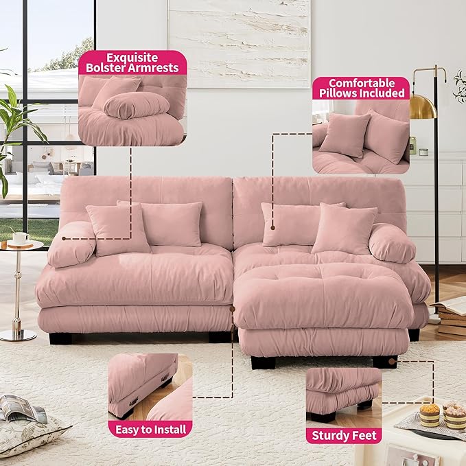 Loveseat Modular Sectional Sofa, L Shaped Couch with Ottoman, Cloud Couch Sectional Couch Home Sofa Living Room Oversized Couch Deep Seat Couch with Round Bolster Armrests 4 Pillows(Pink)