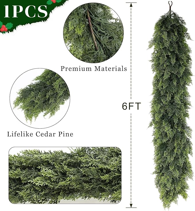 6FT Cedar Garland for Fireplace - Artificial Christmas Garland Thick and Lush Realistic Faux Cedar Fake Pine Needles Garland for Table,Window,Stairs,Mante,Indoor Outdoor Decor (1PCS)