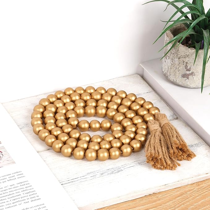 58in Wood Bead Garland with Tassels, Farmhouse Rustic Country Decor Prayer Boho Wall Hanging Decoration (Gold)