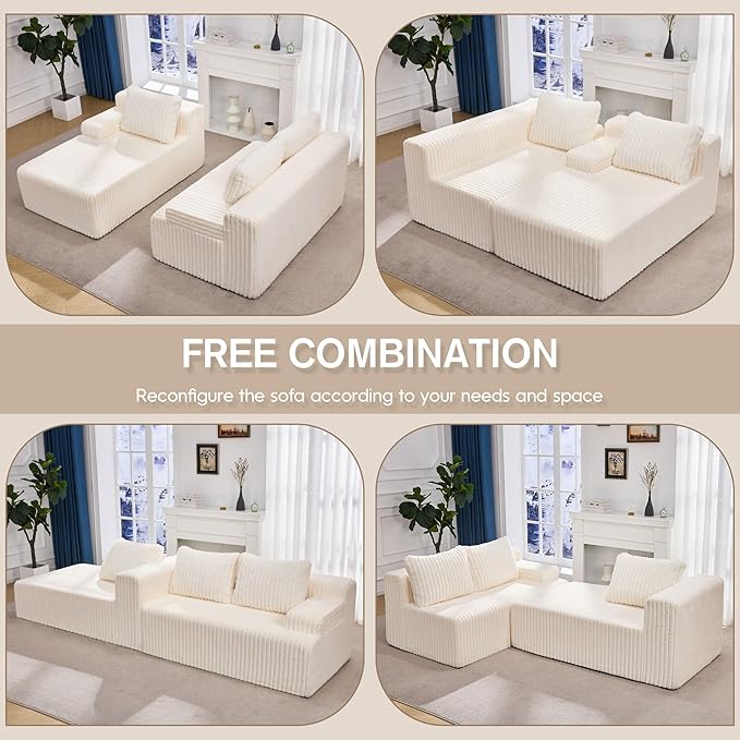 Hobestluk Modular Sectional Sofa Couches 108" L-Shape Couch 3 Seat Modular Sofa Memory Foam Sectional Couches for Living Room, Boneless Couch with Oversized Chaise (White, Left Facing)