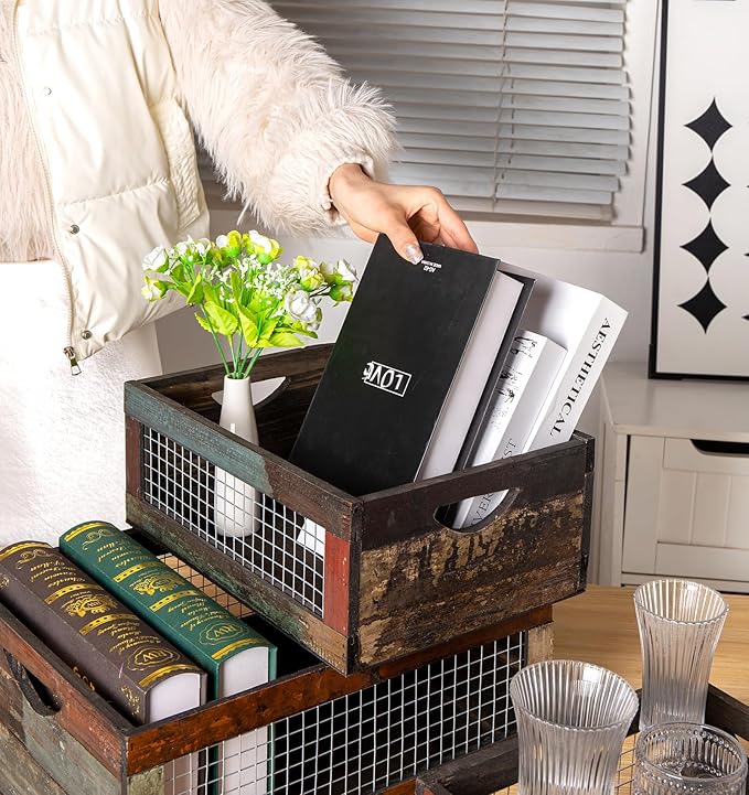 TIMRIS Set of 3 Rustic Wood Nesting Crates, Farmhouse Distressed Wooden Storage Boxes, Decorative Reclaimed Wood Organizer Baskets with Wire Mesh (Random)