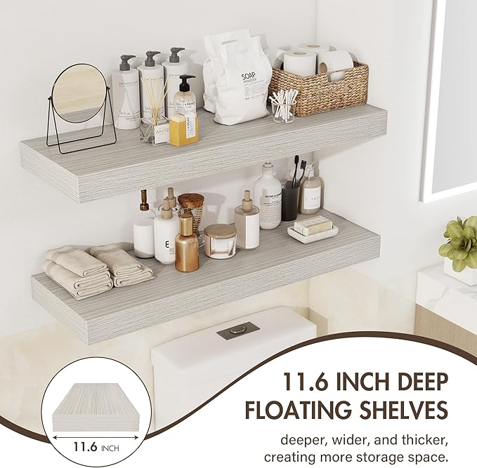 55 Inch Floating Shelves, 12" Deep Floating Shelf Wall Mounted, 55" Wall Shelves, Rustic Deep Bookshelf, Extra Deeper & Thicker Display Shelves for Bedroom, Living Room, Gray, Set of 2