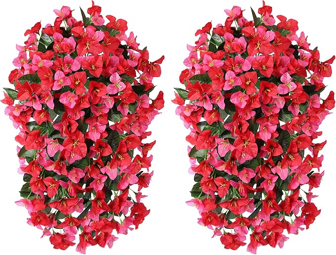 Faux Bougainvillea Artificial Flowers Plants for Outdoors Outside Decoration, 2pcs Fake Flowers Silk Long Trailing Vines UV Resistant Realistic for Front Door Porch Planter Urn Patio Balcony Yard, Mix
