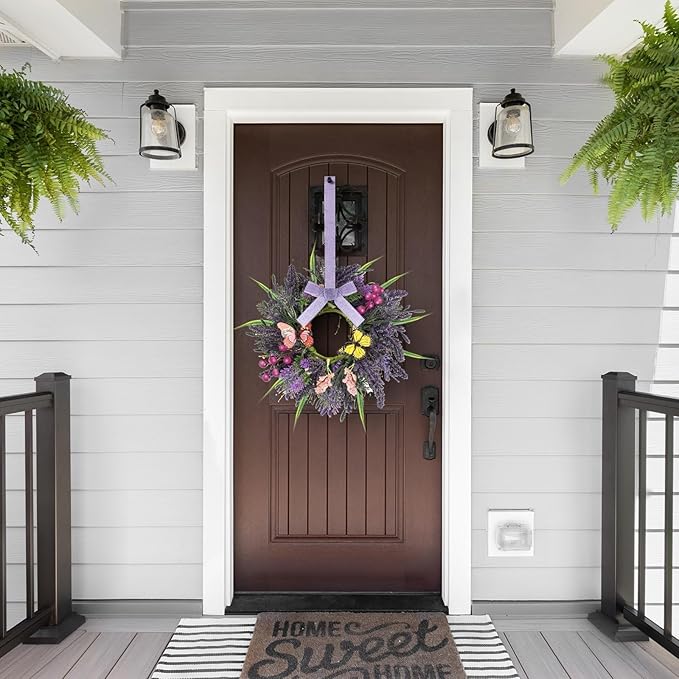 6 Pcs Lavender Wreaths for Front Door Mini Artificial Floral Kitchen Cabinet Swags Spring Summer Candle Rings Wreath with Lavender Berries Butterflies for Year-Round Use Farmhouse Home Decorations
