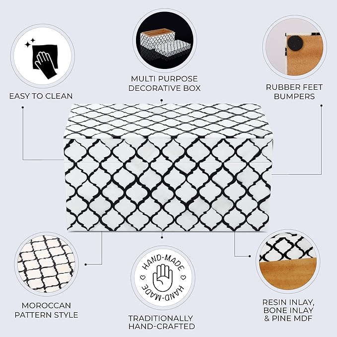 Handicrafts Home Handmade Moroccan Pattern Inspired Decorative Box - Large Storage Organizer for Neck Chains, Watches, Memory Keepsakes - Boho Style Treasure Box, Multipurpose Gift - B&w, 10x5x5