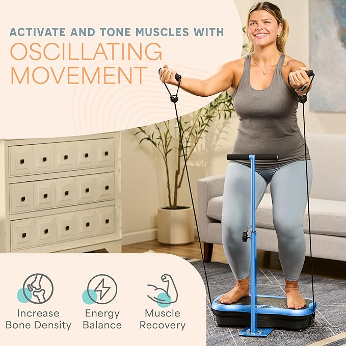 Lifepro TrimLite Vibration Plate Exercise Machine with Handlebars – Whole Body Vibration Platform for Lymphatic Drainage & Weight Loss – 99 Speed Levels, Bluetooth Speaker, Resistance Bands & Remote