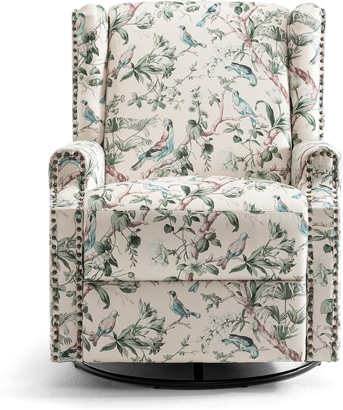 UIXE Swivel Rocker Manual Recliner Chairs Set of 2, Wingback Swivel Glider Fabric Nursery Reclining Sofa Chair, High Back Upholstered Arm Chair for Living Room Bedroom - Bird Pattern
