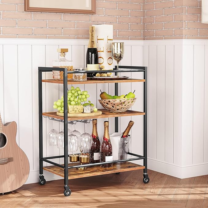HOOBRO Bar Cart for The Home, Serving Cart with Wine Glass Hooks, Rolling Kitchen Cart with Lockable Wheels, 25.2 x 15.7 x 33.3 Inches Beverage Cart with Storage Shelves, Rustic Brown BF02TC01