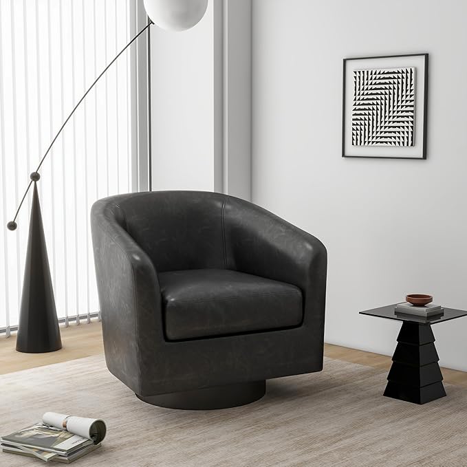 Swivel Barrel Accent Chair, Modern Round Faux Leather Arm Chair for Living Room, Bedroom, Comfy Club Reading Chairs for Adults(Faux Leather, Black Grey, Set of 4)