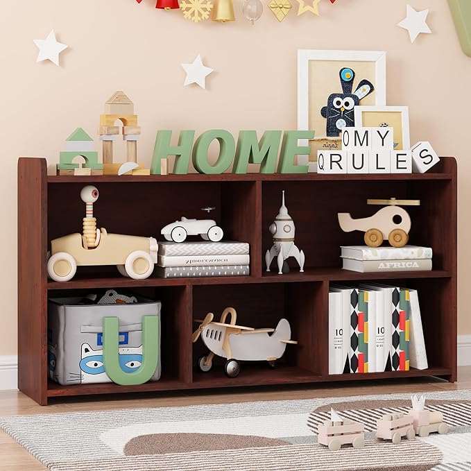 Book Shelf Set of 2, 5 Cubes Storage Organizer, Open Shelf Wooden Bookcase, Freestanding Cherry Bookshelf Cube Shelf for Bedroom, Living Room, Home Office