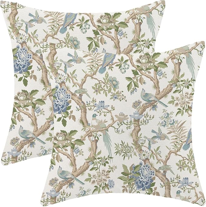 CXMEIFLY Chinoiserie Spring Pillow Covers 22 x 22 Inch Set of 2 for Blue Sage Green Vintage Flowers Bird Decor Throw Pillows Plant Farmhouse Outdoor Decorative Cushion Cases for Couch Bed Decorations