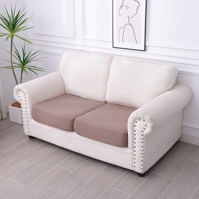 hyha Waterproof Couch Cushion Covers for Pets, Non Slip Sofa Seat Cover for Dogs Washable, Soft Thick Stretch Jacquard Fabric, Sofa Slipcovers with Elastic Bottom (2 Pieces, Camel)