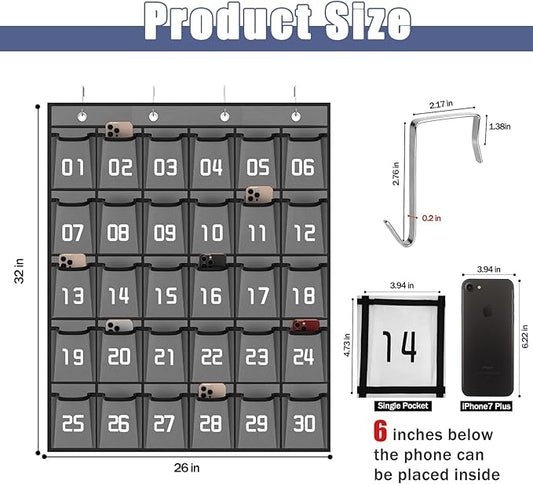 Loghot Classroom Accessories Closet Pocket Chart for Cell Phones Holder Wall Door Hanging Organizer (30 Pockets Gray)