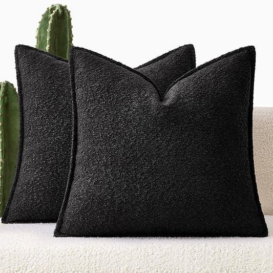 MIULEE Pack of 2 Decorative Textured Boucle Throw Pillow Covers 18x18 Inch Black Broadside Thick Boho Pillows for Farmhouse Accents Sofa Couch Bedroom Living Room Home Decor