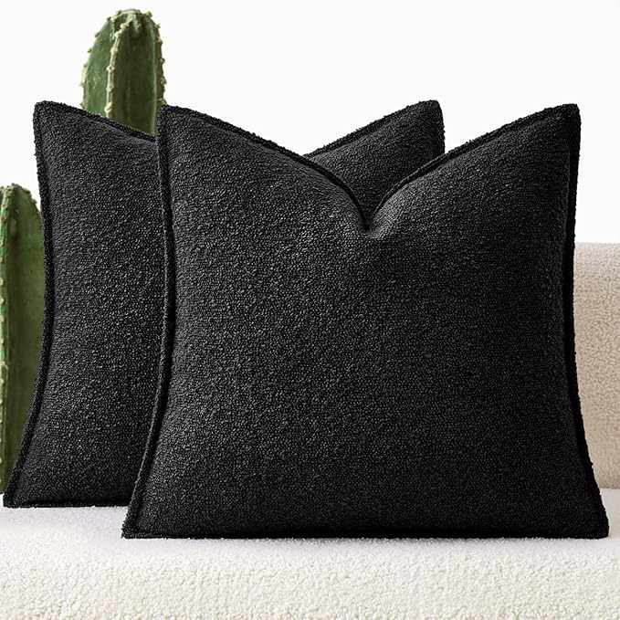 MIULEE Pack of 2 Decorative Textured Boucle Throw Pillow Covers 20x20 Inch Black Broadside Thick Boho Pillows for Farmhouse Accents Sofa Couch Bedroom Living Room Home Decor