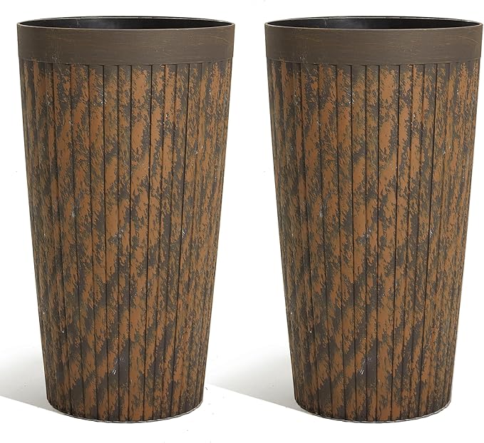 Worth Garden 22.5" H. Plastic Planters - Set of 2 Vintage Brown Tall Conical Plant Pots for Indoor Outdoor Use - Decorative Lightweight Flower Pots for Front Porch, Patio, Deck - 12.5" Dia x 22.5" H