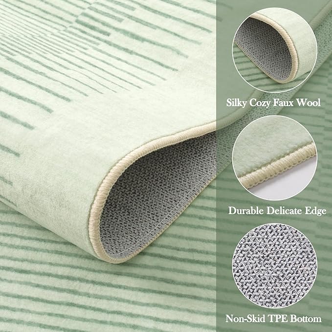 Wonnitar Washable Green Striped Runner Rug for Hallway 2'6"x8', Non-Slip Soft Runner Rug for Bedroom, Low Pile Minimalist 8ft Carpet Runner for Bathroom Laundry Kitchen (Green, 2'6" x 8')