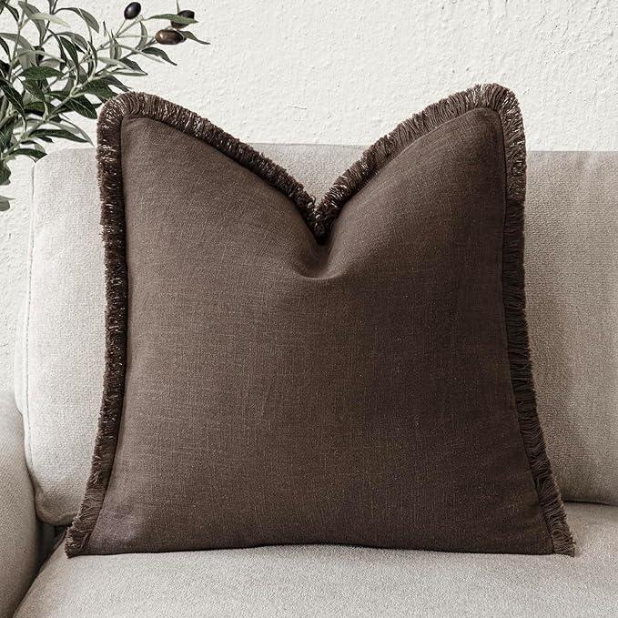 Foindtower Decorative Linen Fringe Throw Pillow Covers Cozy Boho Farmhouse Cushion Cover with Tassels Soft Accent Pillowcase for Chair Sofa Bed Living Room Home Decor, 22×22 Inch, 1PC,Reddish Brown