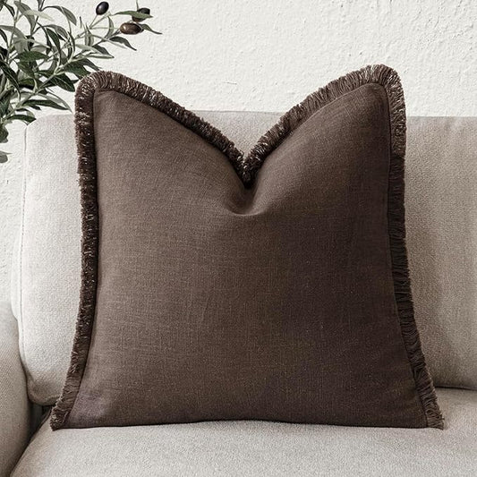 Foindtower Decorative Linen Fringe Throw Pillow Covers Cozy Boho Farmhouse Cushion Cover with Tassels Soft Accent Pillowcase for Chair Sofa Bed Living Room Home Decor, 24×24 Inch, 1PC,Reddish Brown