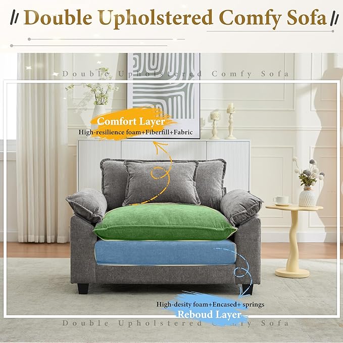 URRED Modular Sectional Sofa Comfy Cloud Couch, Modern Chenille Sofa Sleeper Deep Seat Couches with Ottoman/Pillows for Living Room (Gray, 53'')