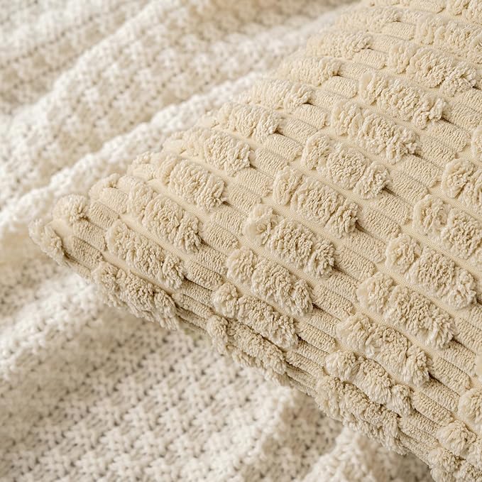 MIULEE Pack of 2 Corduroy Decorative Euro Sham Throw Pillow Covers 24x24 Inch Soft Boho Striped Pillow Covers Modern Farmhouse Home Decor for Sofa Living Room Couch Bed Tan
