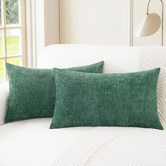 CaliTime Throw Pillow Covers Decorative 16 X 26 Inches Pack of 2 Cozy Chenille Cushion Cases for Couch Sofa Bed Living Room Home Dark Green