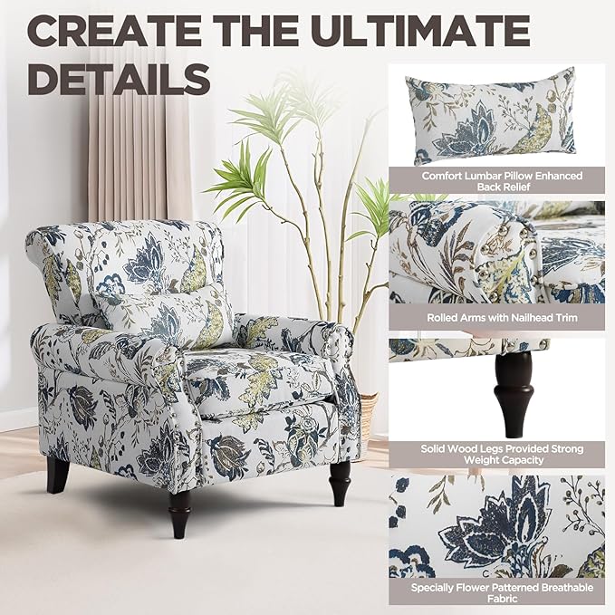 Wingback Accent Chair with Removable Pillow, High Back Floral Armchair with Solid Wood Legs & Nailhead Trim, Comfy Upholstered Reading Single Sofa Chair for Bedroom (2, Blue Floral Pattern)