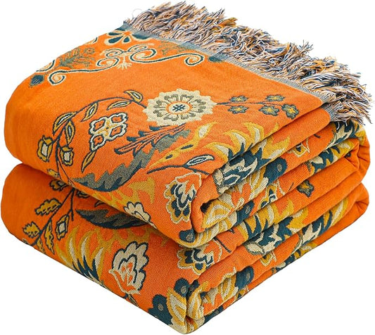 Boho Large Throw Blanket, 100% Organic Cotton Breathable Soft Bed Throw - Floral Farmhouse Decor Blanket for Sofa Couch Chair and Gift. 91" x 98"- Orange