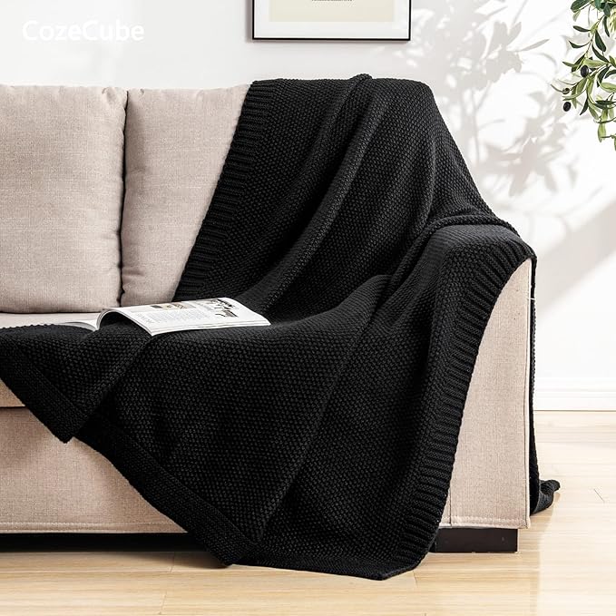 CozeCube Black Throw Blanket for Couch, Soft Cozy Cable Knit Throw for Bed Sofa Living Room, Lightweight Warm Decorative Farmhouse Christmas Blanket, 50"x60", Jet Black
