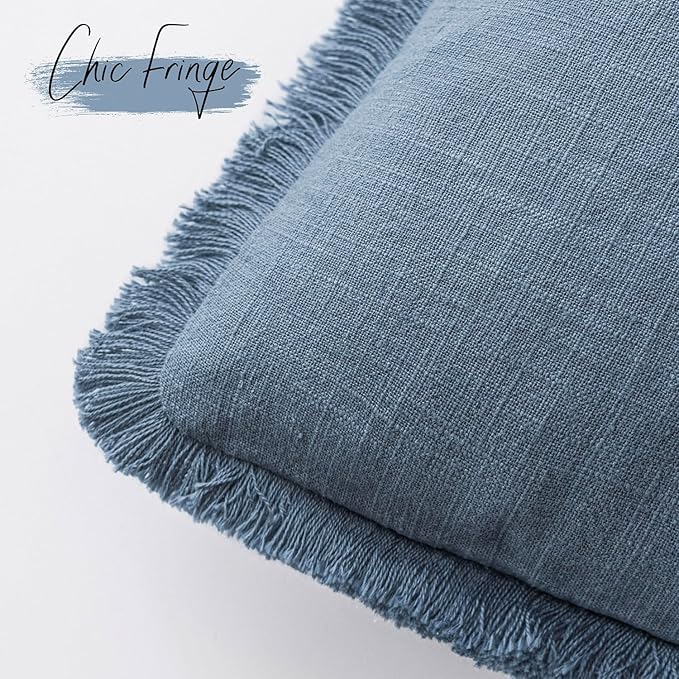 Foindtower Set of 2 Decorative Linen Fringe Throw Pillow Covers Cozy Boho Farmhouse Cushion Cover with Tassels Soft Accent Pillowcase for Couch Sofa Bed Living Room Home Decor, 16×16 Inch, Misty Blue