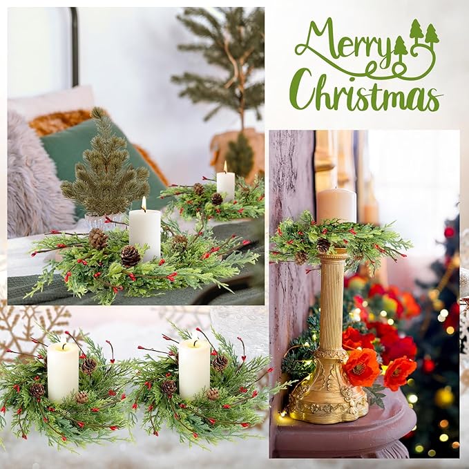 6 Pcs 9 Inch Christmas Wreaths for Kitchen Cabinet Artificial Cedar Pine Hanging Wreath with Red Berries Pine Needles for Front Door Xmas Swag Wreaths for Christmas Winter Farmhouse Home Decorations