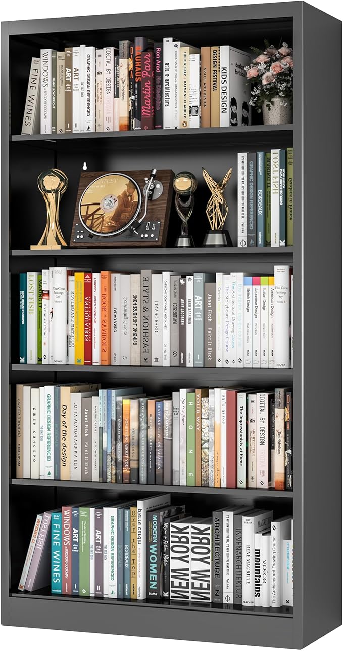 66" Tall Metal Bookcase, 5 Shelf Black Bookcase with Adjustable Shelves, Large Bookshelves and Bookcases, Modern Book Shelf Storage Organizer for Living Room, Home Office, Library (Black)
