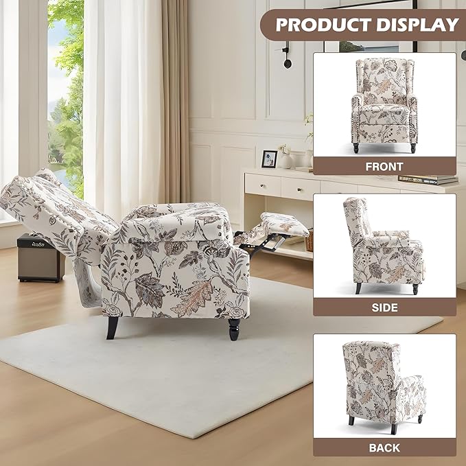 UIXE Recliner Chairs Set of 2, Fabric Upholstered Armchair Pushback Accent Chair for Living Room, Floral Rivet Trim Club Chair Home Theater Single Sofa Bedroom Side Reading Seat - Beige Plants