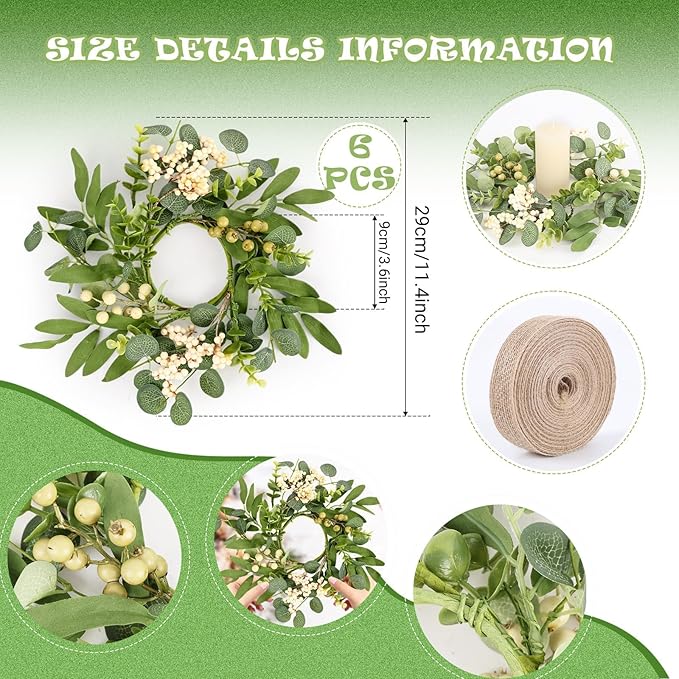 6 Pcs Green Eucalyptus Swag Wreaths for Pillars Spring Summer Kitchen Cabinet Wreaths Mini Green Berry Leaves Wreath with Ribbon for Front Door Porch Wall Window Farmhouse Decoration