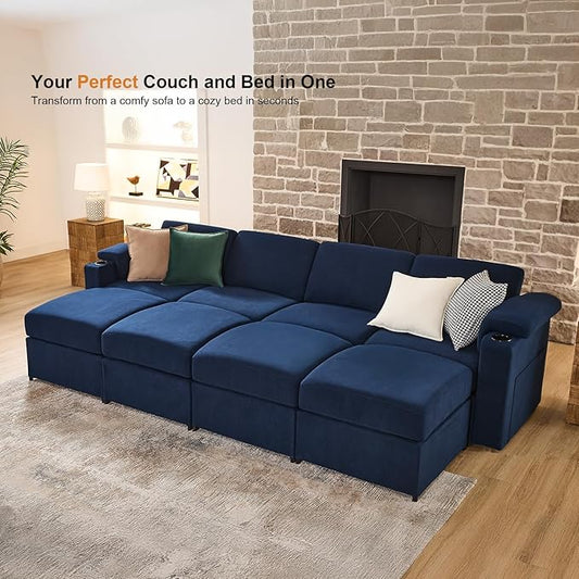 Modular Sectional Sofa Couch for Living Room Velvet Cloud Couches Oversized U Shaped Convertible Sleeper Sofa Chaise Detachable Armrest Cushion Cup Holder (Blue, 8 Seats)