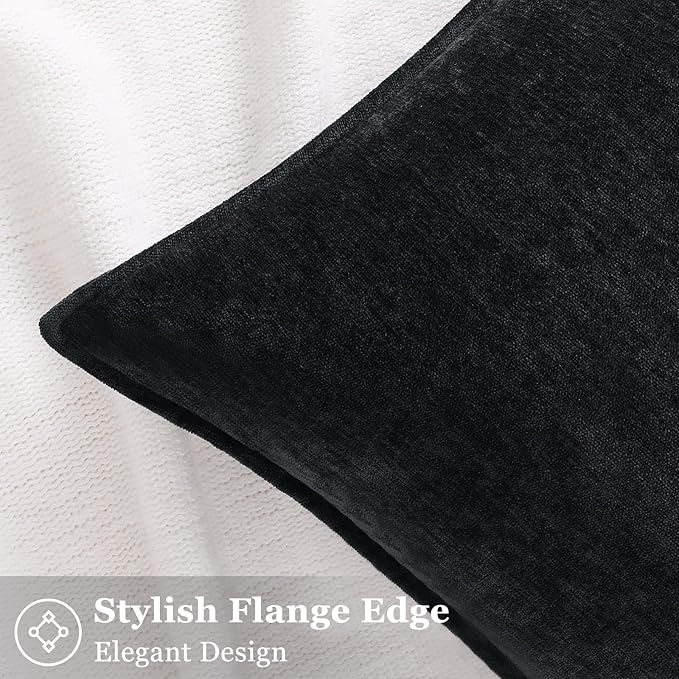 decorUhome Couch Throw Pillow Covers 16x16 Set of 2, Decorative Soft Euro Neutral Chenille Pillow Covers with Elegant Design for Sofa Bed Living Room Home Decor, Black