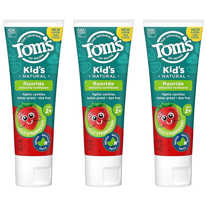 Tom's of Maine ADA Approved Fluoride Kids Toothpaste, Natural Toothpaste, Dye Free, No Artificial Preservatives, Silly Strawberry, 5.1 oz. 3-Pack (Packaging May Vary)