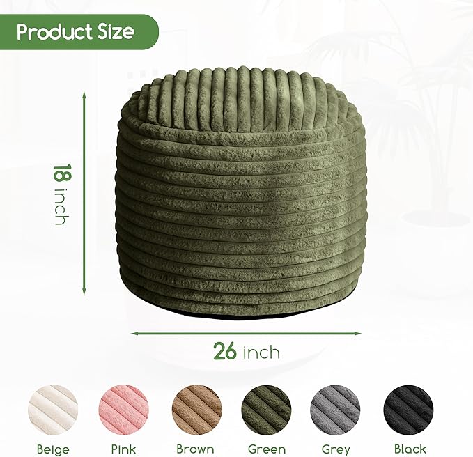 HIGOGOGO Round Stuffed Pouf Ottoman, Stripe Faux Fur Poufs with Foam Chunk Filling, Furry and Fluffy Pouf Foot Stool Storage Ottoman, 26 X 18 Floor Poufs Foot Rest for Living Room, Green