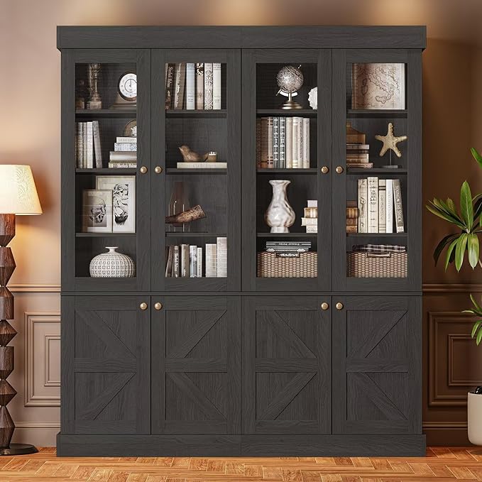 Vyre 71" Tall Farmhouse Bookshelves with Glass Doors, Set of 4 – Large Modular Bookcase with Adjustable Shelves, Storage Cabinet for Living Room, Kitchen, Home Office, Black