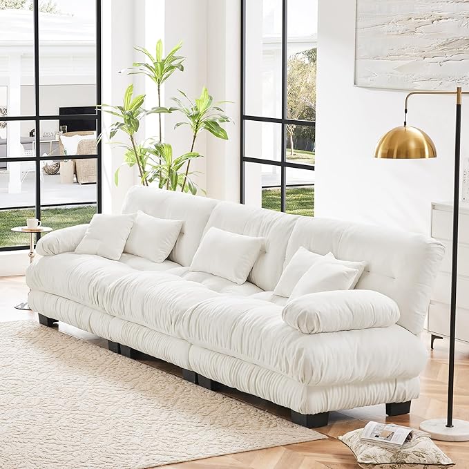 Modular Sectional Sofa Cloud Couch 3-Seater Deep Seat Sofa Couch, Oversized Couch Bed Sectional Couch with Round Bolster Armrests 5 Pillows, Modern Sofa Chair Comfy Couch(White)