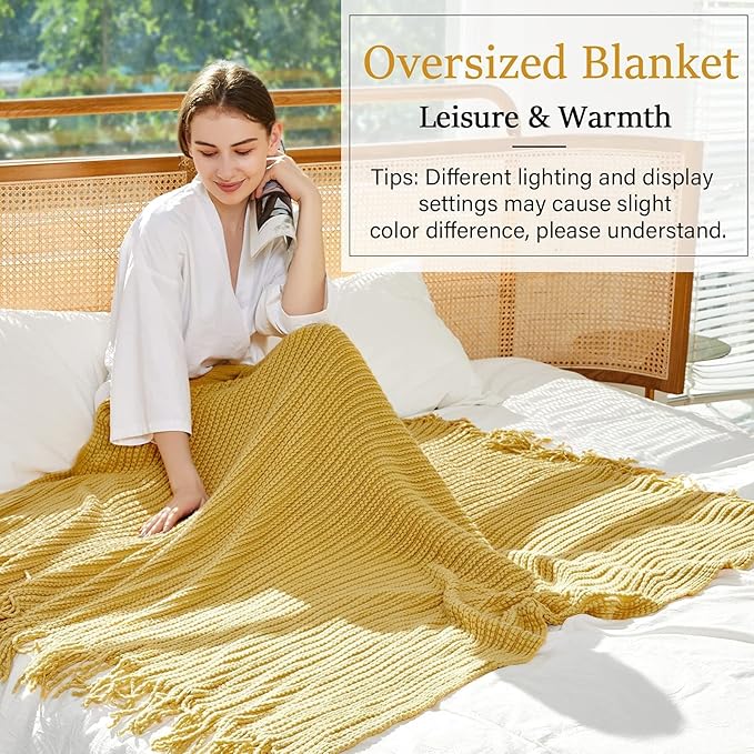 Blagic Knitted Throw Blanket for Couch Soft Farmhouse Boho Throw Blanket with Tassels Home Decorative Lightweight Throw Blankets,Mustard Yellow Throws for Bed/Chair/Sofa, Wheat Textured,50" W x 60" L