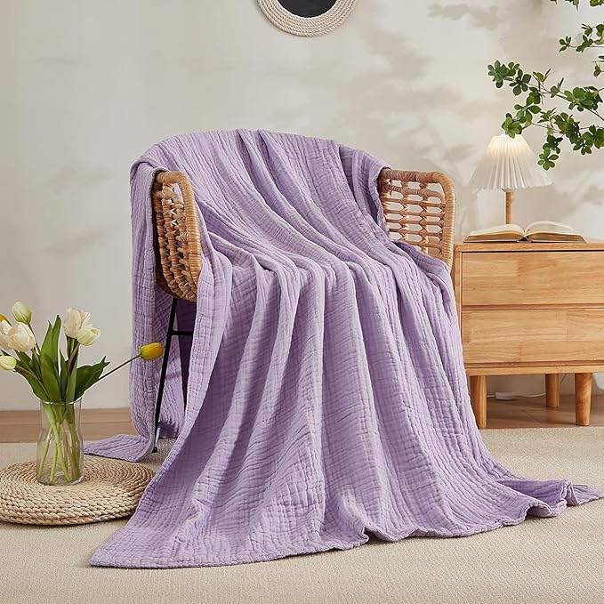 EMME Cotton Throw Blanket for Couch Soft Muslin Blankets 50"x60" Lightweight Breathable Blanket All Season Gauze Blanket, Lavender
