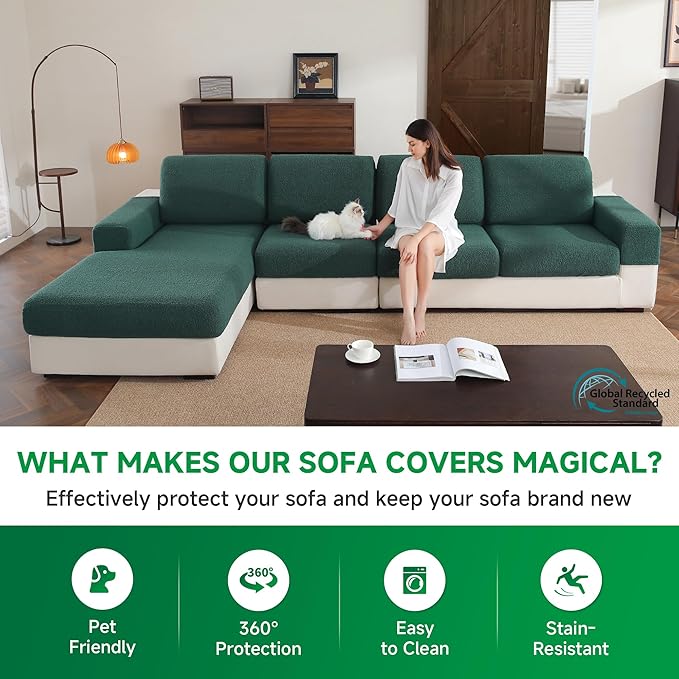 Couch Cushion Covers for Sectional Sofa, Stretch Soft Sofa Slipcovers Washable Wear-Resistant Universal Furniture Protector for Living Room(3 Seaters Covers, Green)