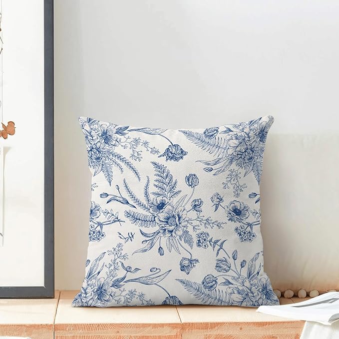 CXMEIFLY Spring Floral Leaves Pillow Covers 16 x 16 Inch Set of 2 for Chinoiserie Flowers Decor Throw Pillows Blue and White Seasonal Plant Outdoor Decorative Cushion Cases for Couch Bed Decorations