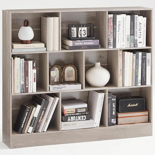 LEYAOYAO 10 Cube Bookshelf with Base,3 Tier Mid-Century Modern Grey Bookcase,Standing Wide Bookshelves Storage Organizer Shelf,Rustic Wood Display Cabinet Book Shelves for Bedroom,Living Room,Office