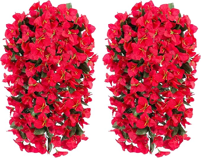 Faux Bougainvillea Artificial Flowers Plants for Outdoor Outside Decoration, 2 PCS Red Fake Flowers UV Resistant Look Real Silk Long Trailing Vines for Front Door Porch Planter Urn Patio Garden Yard