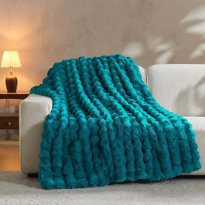 Lotus Karen Faux Fur Throw Blanket Teal - Big Bubble Rabbit Fluff Blanket for Couch Bed Sofa,Softest Fluffy Fuzzy Cozy Blanket,Thick Furry Plush Shaggy Warm Blankets for Women,108x90 Inches