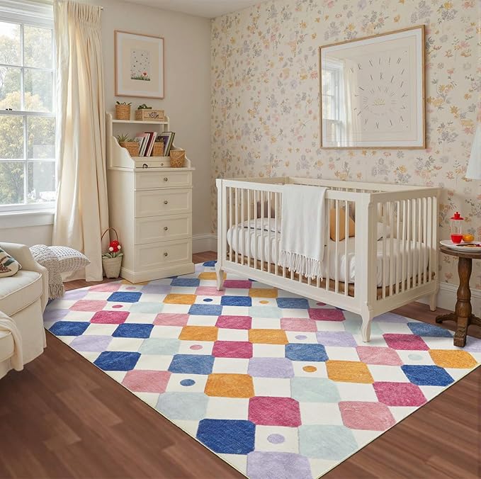 jinchan Area Rug 5x7 Kids Washable Indoor Floor Cover Non-Slip Modern Soft Rug Elementary School Classroom Colorful Diamond Carpet for Nursery Playroom Daycare Bedroom Living Room Berries on Cream