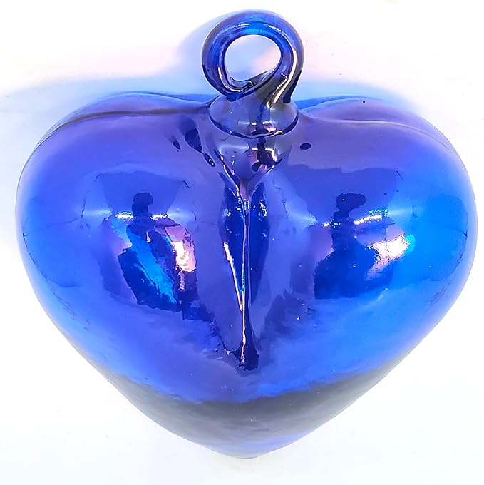 Cobalt Blue 5.1 inch Large Hanging Glass Hearts (Set of 6), Recycled Blown Glass Ornaments (LGE Cobalt Blue Hearts)